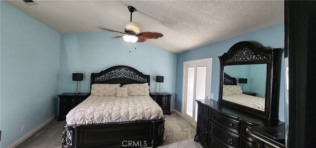 15009 Hopland St, Victorville, CA 92394 - bedroom featuring light colored carpet, baseboards, vaulted ceiling, a ceiling fan, and a textured ceiling