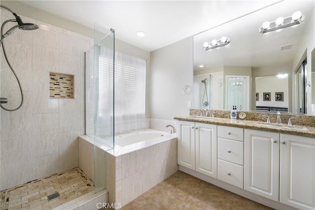 13 Arborside Way, Mission Viejo, CA 92692 - bathroom with tiled shower, a bath, double vanity, and tile patterned flooring