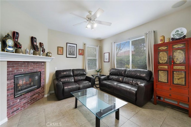 13 Arborside Way, Mission Viejo, CA 92692 - tiled living room featuring ceiling fan, a brick fireplace, and baseboards