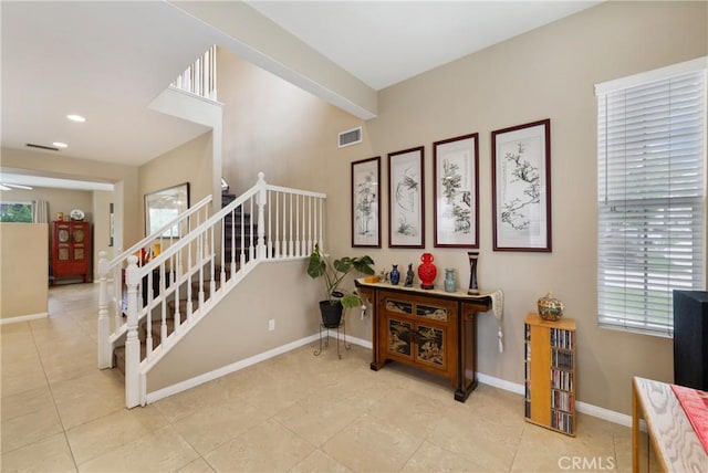 13 Arborside Way, Mission Viejo, CA 92692 - stairs featuring tile patterned flooring, baseboards, recessed lighting, and ceiling fan
