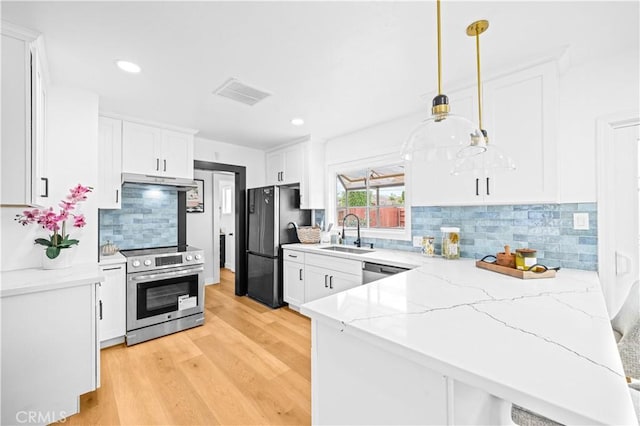 934 W Bonnie Brae Ct, Ontario, CA 91762 - kitchen with stainless steel appliances, a sink, a peninsula, white cabinetry, and light stone countertops