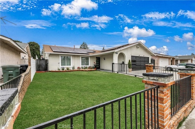 10415 Mapledale St, Bellflower, CA 90706 - single story home with a garage, solar panels, stucco siding, concrete driveway, and a gate
