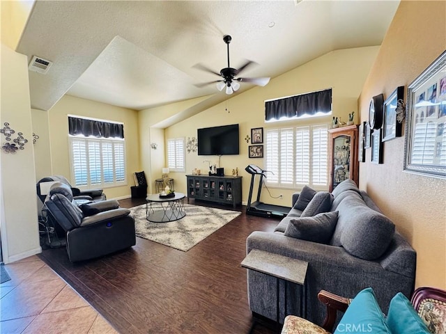 8925 Fallbrook Ct, Hesperia, CA 92344 - living room featuring lofted ceiling, a ceiling fan, wood finished floors, and a textured ceiling
