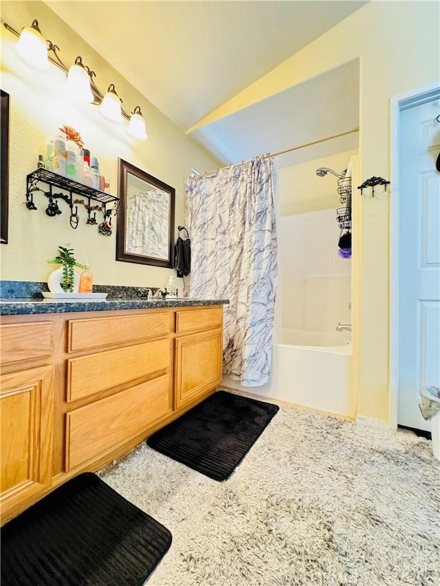 8925 Fallbrook Ct, Hesperia, CA 92344 - full bath with shower / tub combo with curtain, vanity, and lofted ceiling