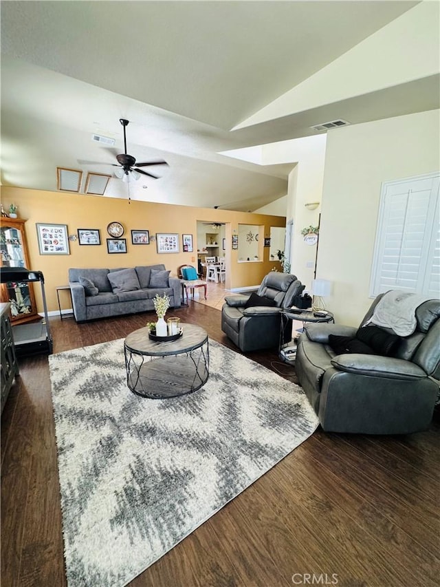 8925 Fallbrook Ct, Hesperia, CA 92344 - living room featuring vaulted ceiling, wood finished floors, and ceiling fan