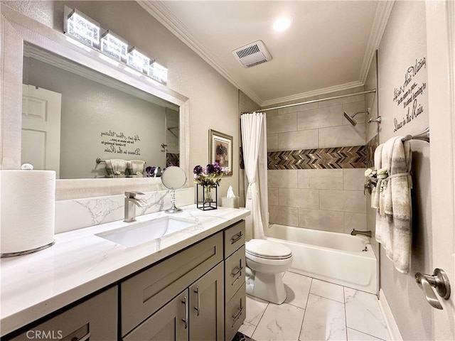 18839 Watson Ave, Cerritos, CA 90703 - full bath featuring ornamental molding, vanity, toilet, shower / bath combo with shower curtain, and marble finish floors