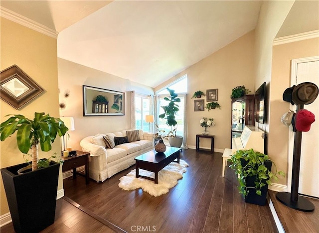18839 Watson Ave, Cerritos, CA 90703 - living area featuring vaulted ceiling, baseboards, dark wood finished floors, and ornamental molding