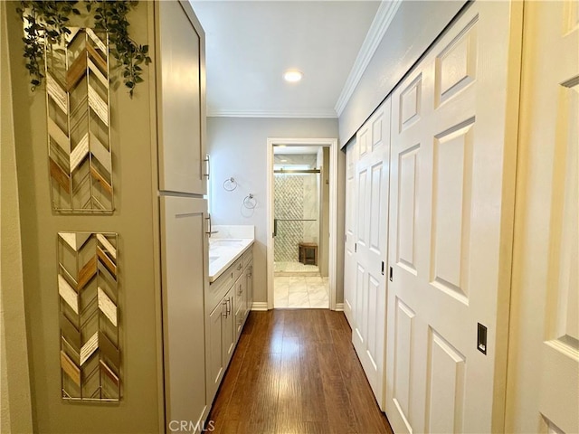 18839 Watson Ave, Cerritos, CA 90703 - full bath featuring vanity, hardwood / wood-style floors, ornamental molding, a shower with door, and recessed lighting