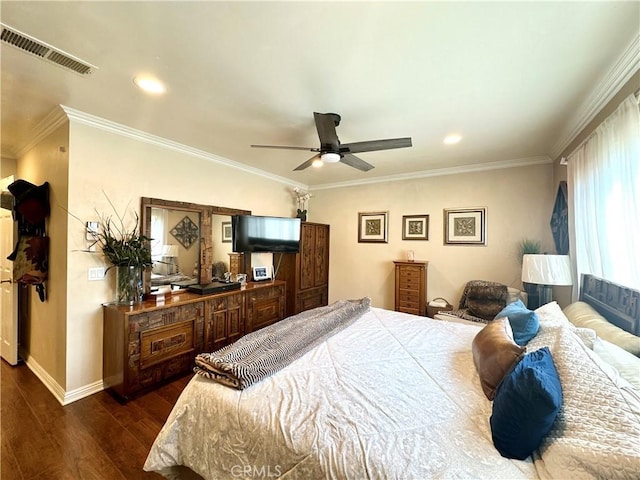 18839 Watson Ave, Cerritos, CA 90703 - bedroom with dark wood-style flooring, baseboards, crown molding, recessed lighting, and ceiling fan