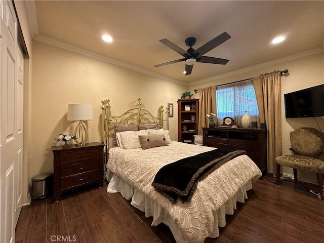 18839 Watson Ave, Cerritos, CA 90703 - bedroom featuring dark wood-type flooring, ornamental molding, and ceiling fan
