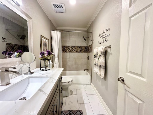 18839 Watson Ave, Cerritos, CA 90703 - full bathroom featuring vanity, marble finish floors, crown molding, toilet, and shower / tub combo