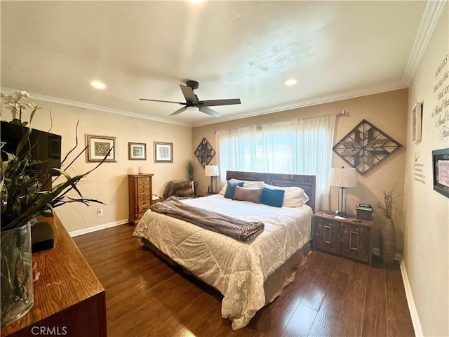 18839 Watson Ave, Cerritos, CA 90703 - bedroom with baseboards, wood finished floors, crown molding, a ceiling fan, and recessed lighting