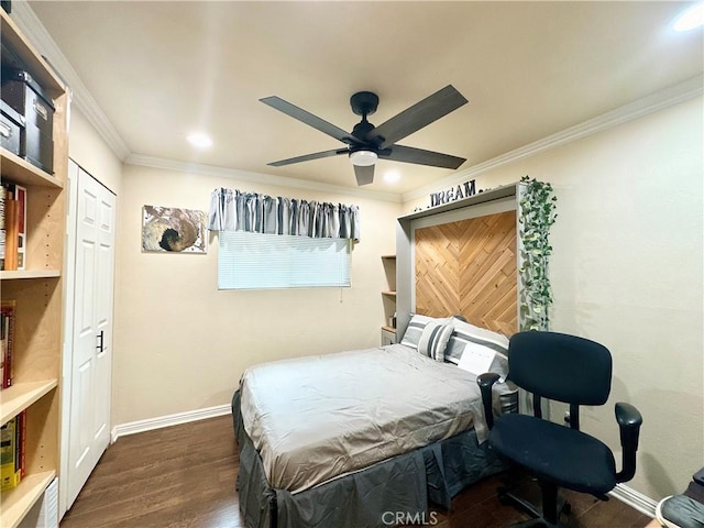 18839 Watson Ave, Cerritos, CA 90703 - bedroom featuring ornamental molding, dark wood-style flooring, baseboards, recessed lighting, and ceiling fan