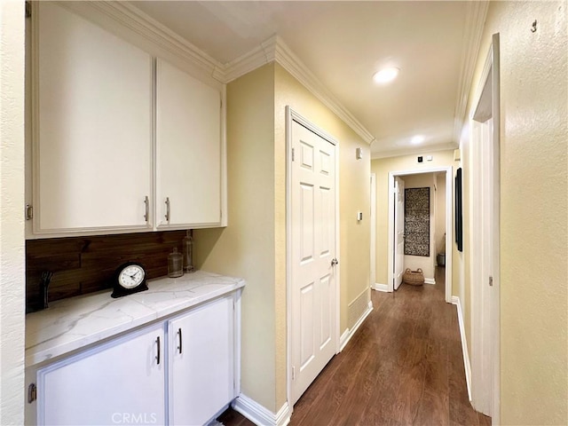 18839 Watson Ave, Cerritos, CA 90703 - hallway featuring ornamental molding, dark wood-style flooring, baseboards, and recessed lighting