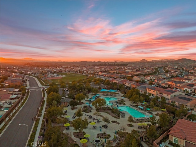34452 Turquoise Ln, Murrieta, CA 92563 - aerial view at dusk of view of pool, a residential view, and a mountain view