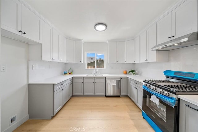 2035 Las Colinas Ave, Los Angeles, CA 90041 - kitchen with range with gas cooktop, stainless steel dishwasher, under cabinet range hood, a sink, and gray cabinets