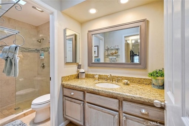 543 Rockport Ct, Encinitas, CA 92024 - bathroom featuring toilet, a stall shower, vanity, recessed lighting, and tile patterned flooring