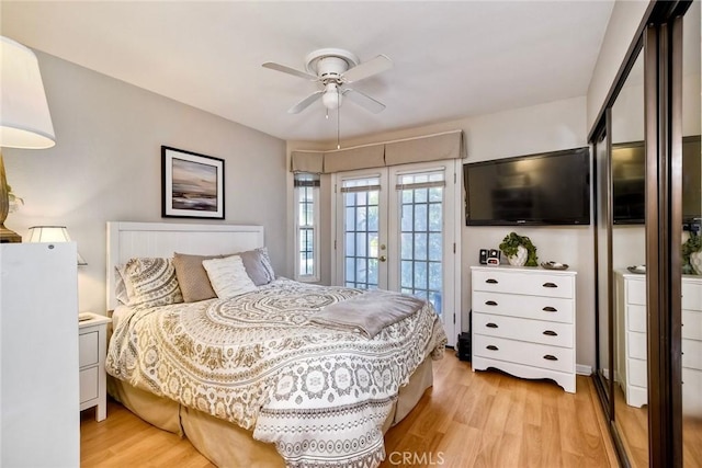 543 Rockport Ct, Encinitas, CA 92024 - bedroom featuring access to exterior, french doors, light wood finished floors, and a ceiling fan