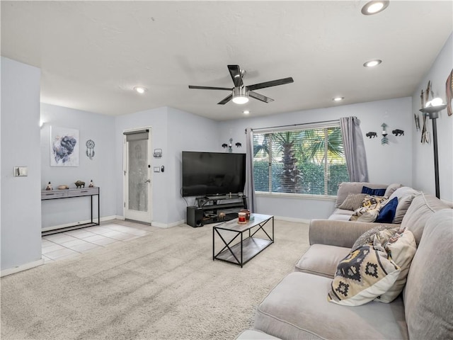 7352 N Adoline Ave, Fresno, CA 93711 - living area featuring carpet floors, baseboards, a ceiling fan, recessed lighting, and tile patterned flooring