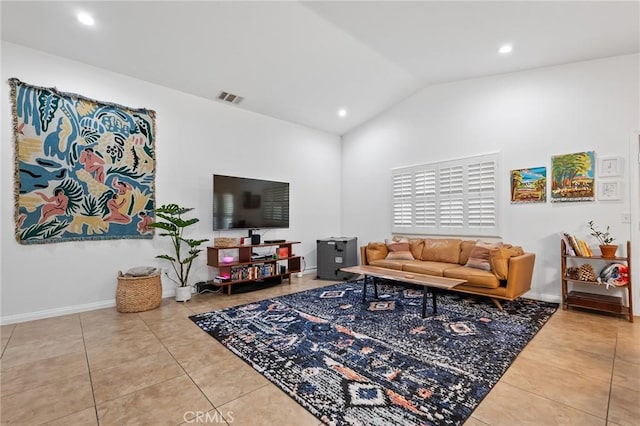 57146 Selecta Ave, Yucca Valley, CA 92284 - living area featuring tile patterned floors, recessed lighting, high vaulted ceiling, and baseboards