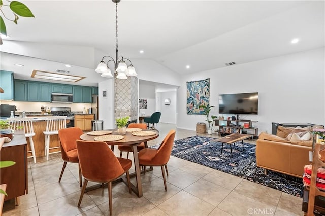 57146 Selecta Ave, Yucca Valley, CA 92284 - dining space featuring vaulted ceiling, light tile patterned floors, a chandelier, and recessed lighting