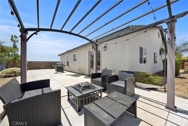 10028 Fire Is, Bakersfield, CA 93313 - fenced backyard featuring outdoor lounge area, a patio, grilling area, and a pergola