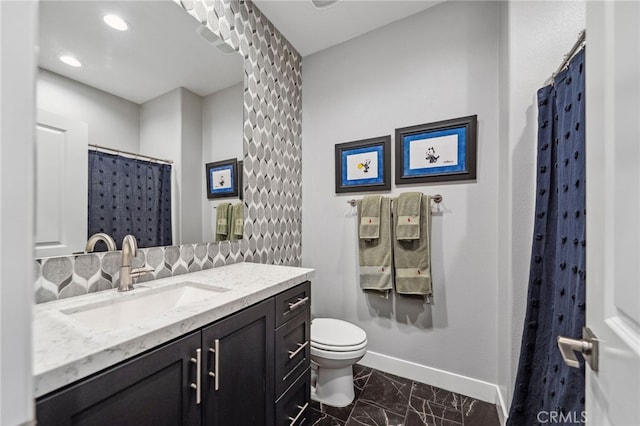 45445 Calle Cirros, Temecula, CA 92592 - bathroom with vanity, marble look tiles, a shower with shower curtain, and recessed lighting