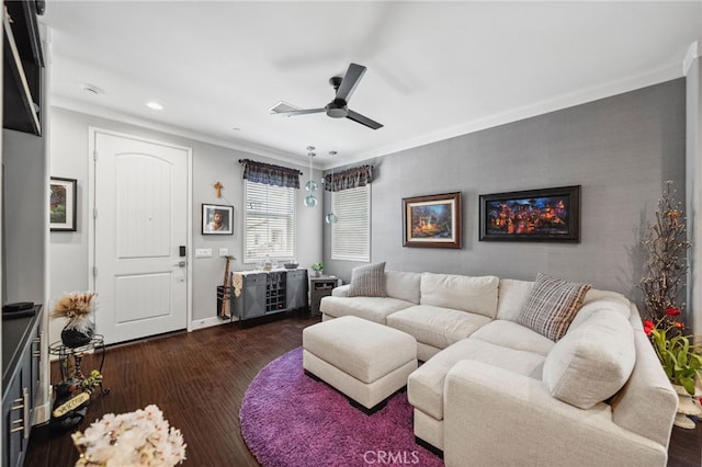 45445 Calle Cirros, Temecula, CA 92592 - living area with ornamental molding, a ceiling fan, dark wood-type flooring, and recessed lighting