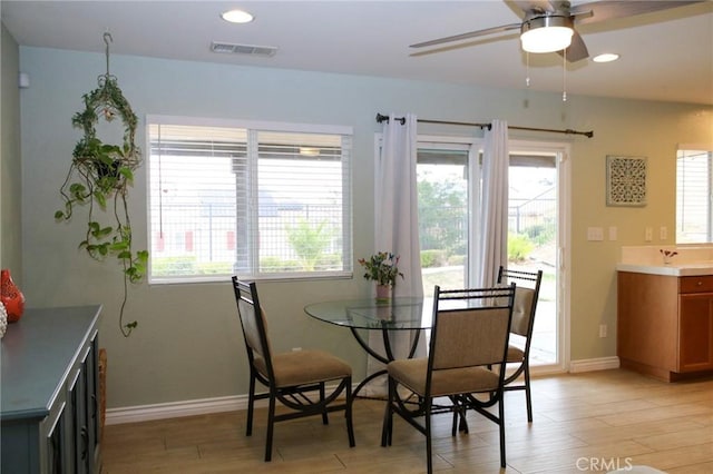 38564 Pallas Ct, Palmdale, CA 93551 - dining room featuring light wood finished floors, a ceiling fan, baseboards, and recessed lighting
