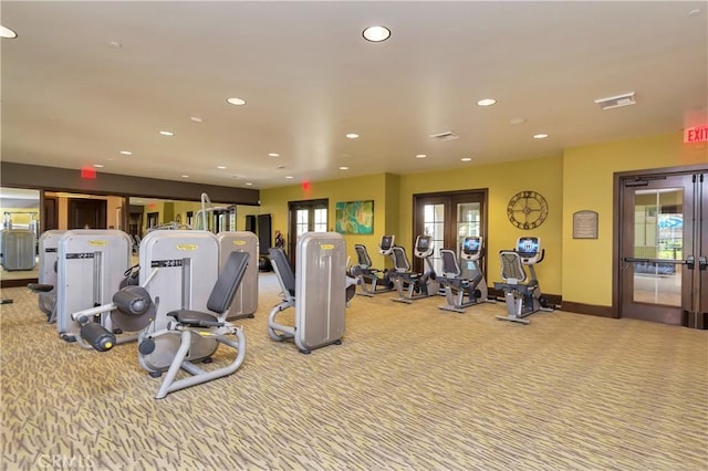 112 Cerrero Ct, Rancho Mission Viejo, CA 92694 - gym featuring carpet, french doors, recessed lighting, and baseboards