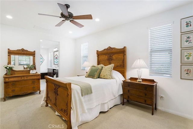 112 Cerrero Ct, Rancho Mission Viejo, CA 92694 - bedroom with light colored carpet, a ceiling fan, recessed lighting, and baseboards