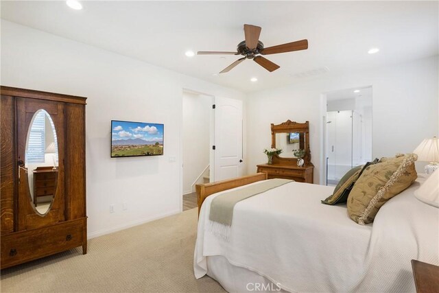 112 Cerrero Ct, Rancho Mission Viejo, CA 92694 - bedroom featuring recessed lighting, light carpet, baseboards, and a ceiling fan