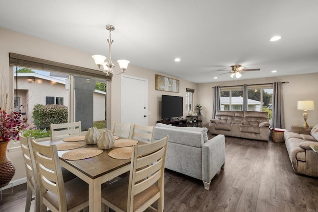 3673 Brandywine St, Oceanside, CA 92057 - dining area featuring recessed lighting, dark wood-style flooring, ceiling fan, and a chandelier