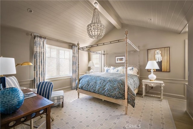 505 W Edgewater Ave, Newport Beach, CA 92661 - bedroom featuring baseboards, wood ceiling, wood finished floors, and a chandelier