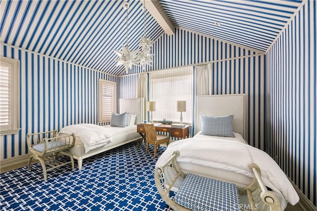 505 W Edgewater Ave, Newport Beach, CA 92661 - bedroom with wallpapered walls, vaulted ceiling, and carpet floors
