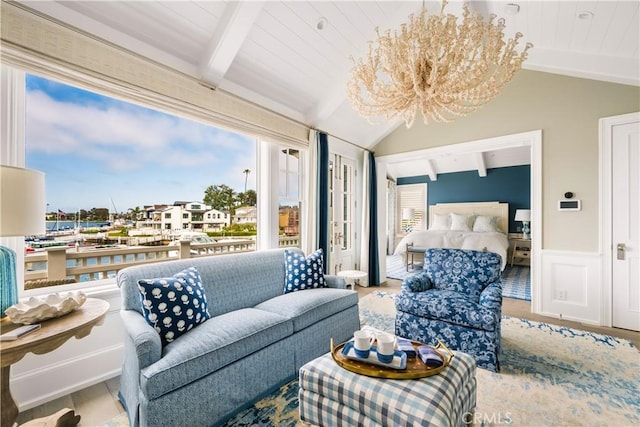 505 W Edgewater Ave, Newport Beach, CA 92661 - bedroom with wood finished floors, a water view, wood ceiling, access to exterior, and a chandelier