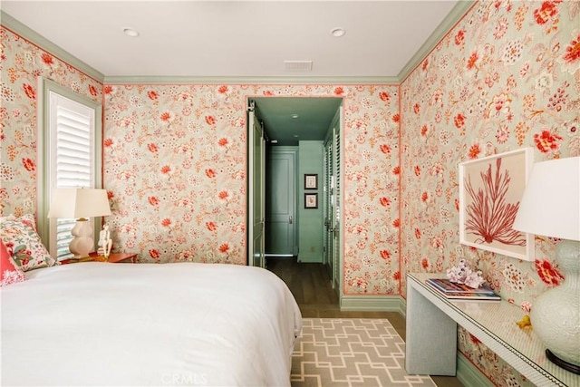 505 W Edgewater Ave, Newport Beach, CA 92661 - bedroom featuring crown molding, baseboards, and wallpapered walls