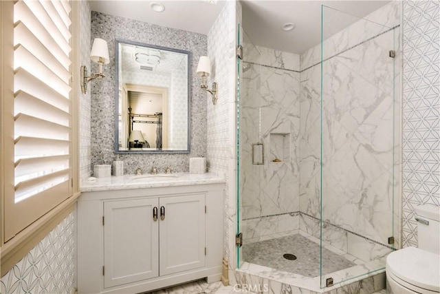 505 W Edgewater Ave, Newport Beach, CA 92661 - full bathroom featuring toilet, a marble finish shower, and vanity