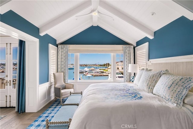 505 W Edgewater Ave, Newport Beach, CA 92661 - bedroom featuring a water view, a wainscoted wall, and wood finished floors