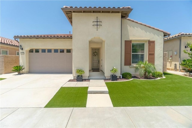 24385 Overlook Dr, Corona, CA 92883 - mediterranean / spanish home featuring stucco siding, a garage, driveway, a front yard, and a tiled roof