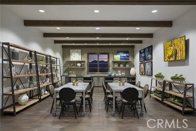 24385 Overlook Dr, Corona, CA 92883 - dining space featuring beam ceiling, wood finished floors, and recessed lighting