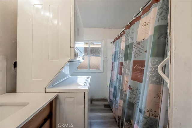 14410 Walnut Ave, Clearlake, CA 95422 - full bathroom featuring vanity, wood finished floors, and curtained shower