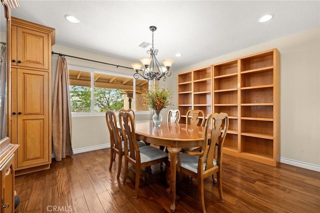 35122 Red Rover Mine Rd, Acton, CA 93510 - dining area with dark wood-style floors, a chandelier, and recessed lighting