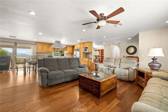 35122 Red Rover Mine Rd, Acton, CA 93510 - living area featuring dark wood-style floors, recessed lighting, and a ceiling fan