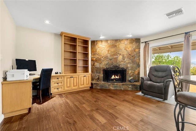 35122 Red Rover Mine Rd, Acton, CA 93510 - office with a fireplace, wood finished floors, and recessed lighting