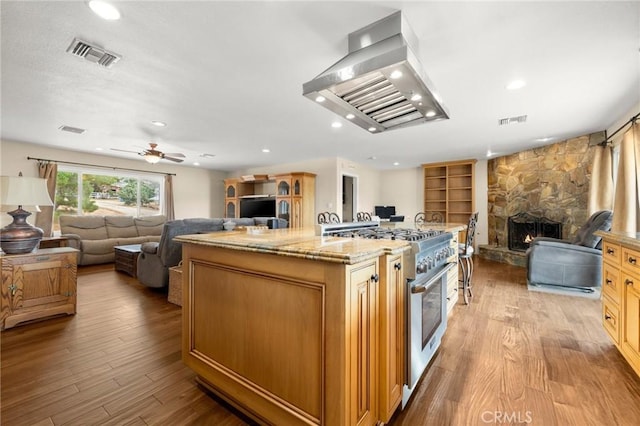 35122 Red Rover Mine Rd, Acton, CA 93510 - kitchen featuring open floor plan, stainless steel range, ventilation hood, a fireplace, and light wood-style flooring