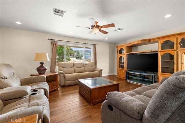 35122 Red Rover Mine Rd, Acton, CA 93510 - living room with a ceiling fan, wood-type flooring, and recessed lighting