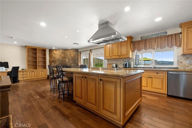 35122 Red Rover Mine Rd, Acton, CA 93510 - kitchen featuring stainless steel dishwasher, island exhaust hood, a kitchen island, dark wood-style floors, and a desk