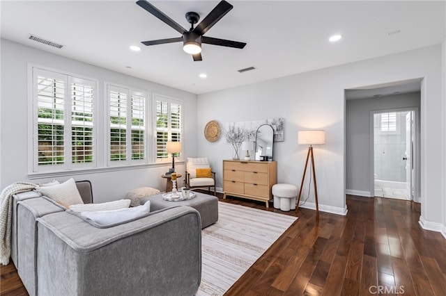 12 John, Ladera Ranch, CA 92694 - living area with a ceiling fan, plenty of natural light, dark wood-style floors, baseboards, and recessed lighting