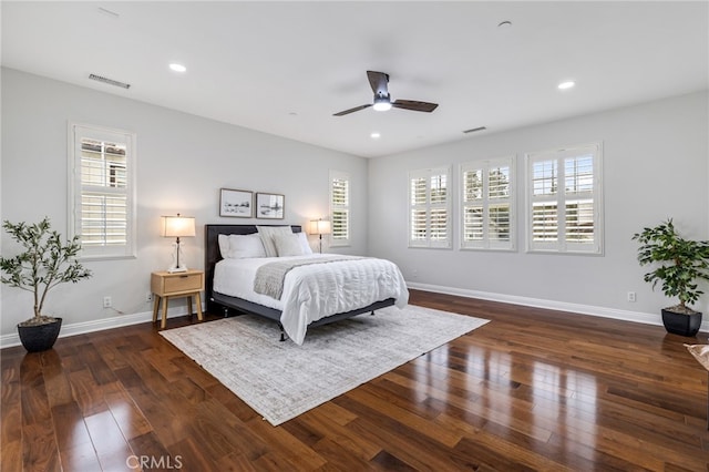 12 John, Ladera Ranch, CA 92694 - bedroom featuring multiple windows, dark wood-style floors, baseboards, recessed lighting, and a ceiling fan